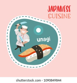 Japanese cuisine. Japanese sushi. Japanese chef with a large cooking knife. Vector illustration in cartoon style.