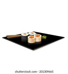 japanese cuisine: sushi; chopsticks on a plate with reflection on a white background