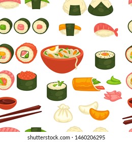 Japanese cuisine sushi and noodles seamless pattern ginger and wasabi vector sashimi shrimp and caviar soy sauce and tofu cheese endless texture cooking and culinary Japan dish wallpaper print rice