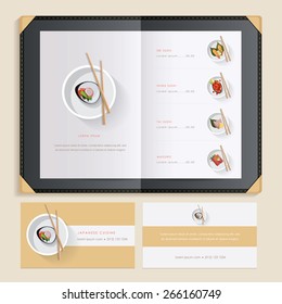 japanese cuisine sushi recipes menu catalog template with food illustrations and sushi restaurant business card mockups- clean minimalistic design