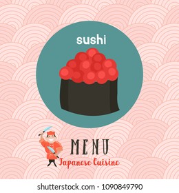 Japanese cuisine. Japanese sushi. Roll with caviar. Japanese chef with a large cooking knife. Vector illustration in cartoon style.