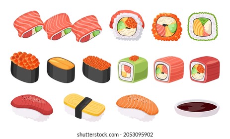 Japanese Cuisine Sushi and Rolls. Japan Food with Fish and Seaweed. Seafood Gunkanmaki Ikura, Tobiko and Uni, Uramaki Philadelphia, Nigiri with Fish and Rice Tamago, Maguro, Sake. Cartoon Vector Set