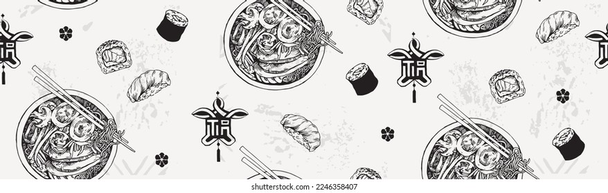 Japanese cuisine, sushi, rolls, ramen. Vector seamless pattern, design sketch. Banner.