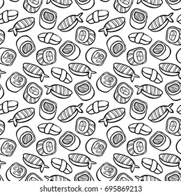 Japanese cuisine: sushi and rolls. Seamless vector pattern (background).