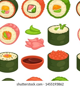 Japanese cuisine sushi seamless pattern ginger and wasabi vector shrimp and caviar soy sauce and tofu cheese endless texture cooking and culinary, Japan dish wallpaper print rice meal raw fish