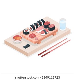 Japanese cuisine. Sushi set on a wooden plate over dark stone background. Set of sushi and maki rolls with branch of white flowers on stone table. Japanese sushi with soy sauce and wasabi. 2321