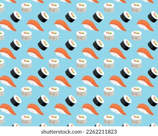 Japanese cuisine sushi Vector cartoon  illustration. Seamless pattern Japanese traditional seafood background 