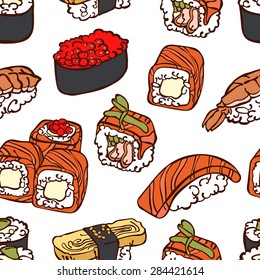 Japanese cuisine. Sushi. Vector seamless background.