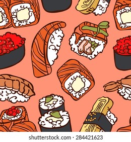 Japanese cuisine. Sushi. Vector seamless background.