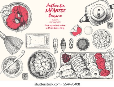 Japanese cuisine top view frame. Asian food menu design. Vintage hand drawn sketch vector illustration. Japanese food engraved design template.