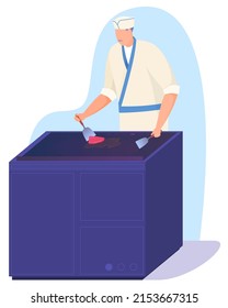 Japanese cuisine is traditional cooking. The chef cooks fish. Vector illustration on a white background