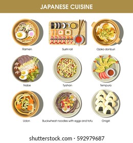 Japanese cuisine traditional dishes flat icons. Vector set of ramen and udon noodles, seafood tempura and sushi rolls, miso soup and tofu. Traditional Japan restaurant menu