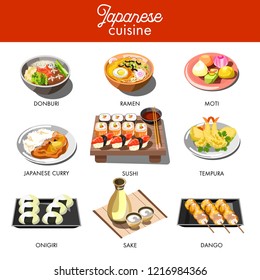 Japanische Küche traditionelle Gerichte von Ramen und Udon donburi Nudeln, onigiri Meeresfrüchte Tempura Sushi Rollen, Miso Suppe und Sake Wodka trinken. Traditionelle japanische Speisekarte Vektorsymbole