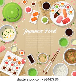 Japanese Cuisine Traditional Food with Sushi and Wasabi. Vector illustration