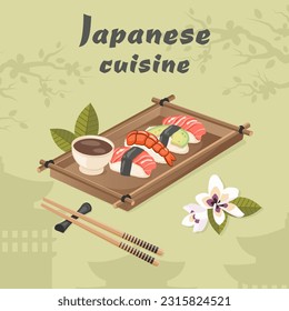 Japanese cuisine. Traditional oriental dish closeup with nigiri sushi roll, sashimi raw fish, seafood, shrimp, avocado, sakura flowers, chopsticks, sauce. Vector illustration for cooking concept