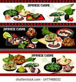 Japanese cuisine vector design of Asian seafood dishes. Nigiri sushi and vegetable rolls, stewed beef meat with veggies, rice and soba noodles, cucumber eel, green beans, pepper salads, baked mackerel