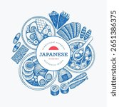 Japanese Cuisine Vector Design Template. Asian Dishes Hand Drawn Background. Retro Japan Traditional Food Illustration.