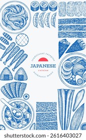 Japanese Cuisine Vector Design Template. Asian Dishes Hand Drawn Background. Retro Japan Traditional Food Illustration.