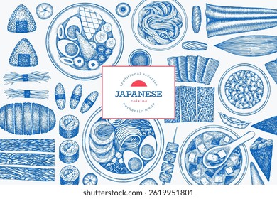 Modelo de design de vetor de cozinha japonês. Pratos Asiáticos Mão Desenhado Fundo. Ilustração tradicional da comida do Japão retrô.