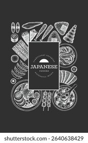 Japanese Cuisine Vector Design Template. Asian Dishes Chalk Board Hand Drawn Background. Retro Japan Traditional Food Illustration.