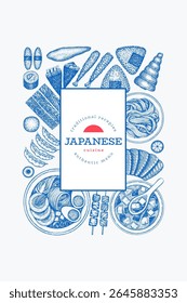 Modelo de design de vetor de cozinha japonês. Pratos Asiáticos Mão Desenhado Fundo. Ilustração tradicional da comida do Japão retrô.