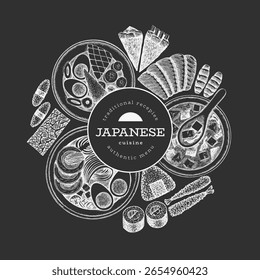 Japanese Cuisine Vector Design Template. Asian Dishes Chalk Board Hand Drawn Background. Retro Japan Traditional Food Illustration.