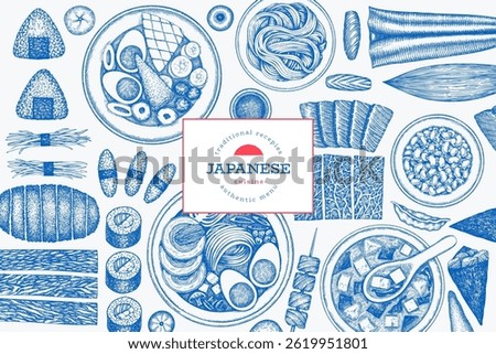 Japanese Cuisine Vector Design Template. Asian Dishes Hand Drawn Background. Retro Japan Traditional Food Illustration.