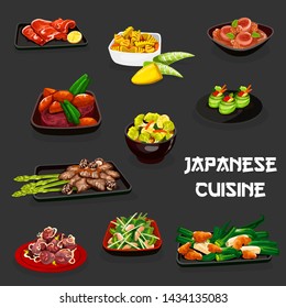 Japanese cuisine vector design of vegetable dishes with meat and seafood. Chicken and pork stews with daikon, turnip, bamboo and miso, tuna cucumber sushi rolls and kobe beef, roast beef, clam salad