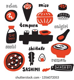 Japanese cuisine vector illustration. Hand drawn food. Isolated on white background. Typography poster