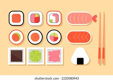 Japanese cuisine vector illustration set for seafood sushi shop design. Sushi icons for menu. Asian food: rice, nori, sauce, tuna, shrimp, wasabi, marinated ibir.