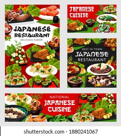Japanese cuisine vector nicy jaga potatoes with meat, buckwheat soba noodles and salmon. Baked scad, green beans with scallops and eel salad udzaku with braised beef skiaki, Japan food posters set