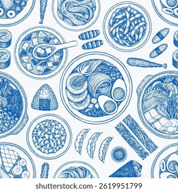 Japanese Cuisine Vector Seamless Pattern. Asian Dishes Hand Drawn Background. Retro Japan Traditional Food Illustration.