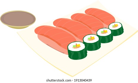 Japanese cuisine vector. Sushi and rolls set isolated on white background.