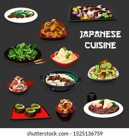 Japanese cuisine vegetable sushi, noodle and rice dishes with fish and meat. Vector salads with cucumber, eel and green peppers, bean and scallops, baked mackerel, beef stew with tofu and pumpkin