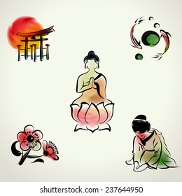 Japanese cultural icon with watercolor style