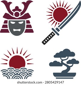 Japanese cultural set featuring samurai helmet, katana sword, rising sun, and bonsai tree
