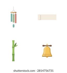 Japanese cultural set featuring a wind chime a rectangular paper sign a green bamboo stalk and a golden bell on white background
