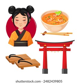 Japanese cultural symbols set with cartoon girl in kimono, plate of yummy tom yum soup, japanese footwear and traditional Shinto Torii Gate landmark.	