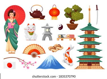 Japanese cultural symbols set. Woman in kimono with umbrella, temple, flag, sakura branch, lantern, tea, koi, geta, mount fuji, sushi, hand fan, yin yang, sword, bonsai. Vector isolated collection.