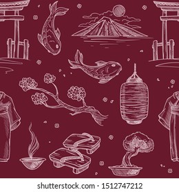 Japanese cultural symbols and signs seamless pattern vector. Torii gates and architecture of Asia. Sakura drawing, flowering of cherry blossom. Traditional clothes, kimono and shoes. Fuji and sunset