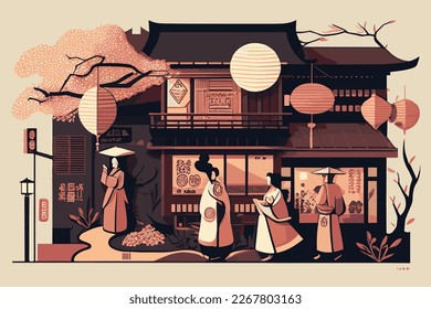 japanese culture background vector illustration with traditional architecture and clothing