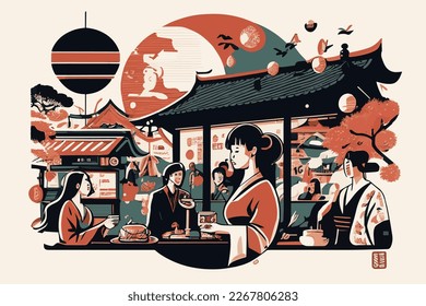 japanese culture background vector illustration with traditional architecture and clothing