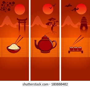 Japanese culture banners or bookmarks template collection with rice teapot and sushi vector illustration