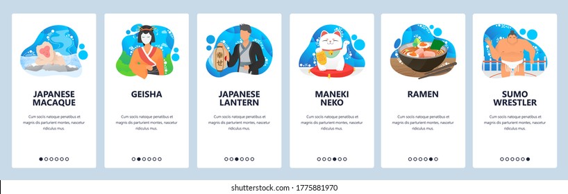 Japanese culture and cuisine website and mobile app onboarding screens. Menu banner vector template for web site and application development. Japanese sumo wrestling, geisha, maneki neko figurine.