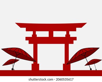 Japanese Culture Day Background. Coming of age day background. Illustration of Japanese gate and Wagasa or traditional japanese umbrella on white background, and copy space area. Suitable placed on co