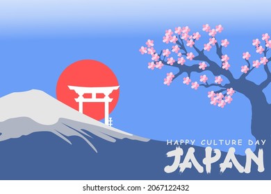 
japanese culture day with mount fujiyama in the background, cherry blossoms in bloom, sunrise and "torii"