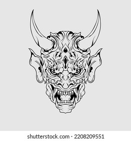 japanese Culture demon mask or oni mask with hand draw style on white background. Ready for Print Apparel and tattoos