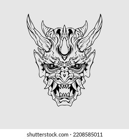 japanese Culture demon mask or oni mask with hand draw style on white background. Ready for Print Apparel and tattoos