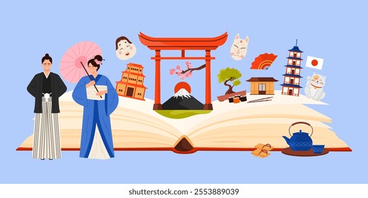 Japanese culture elements and attractions, travel to Japan infographic collage. Open big book and Mount Fuji, man and woman in kimono, daruma and lucky cat, shrine temple cartoon vector illustration