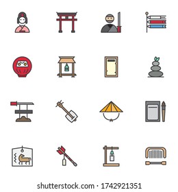 Japanese culture filled outline icons set, line vector symbol collection, linear colorful pictogram pack. Signs logo illustration, Set includes icons - ninja samurai, geisha woman, torii gate, lantern